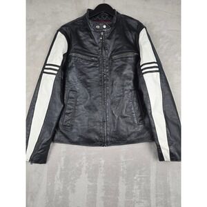 Vintage Street Legal Biker Jacket Mens S Black Leather Racing Stripe Moto Lined